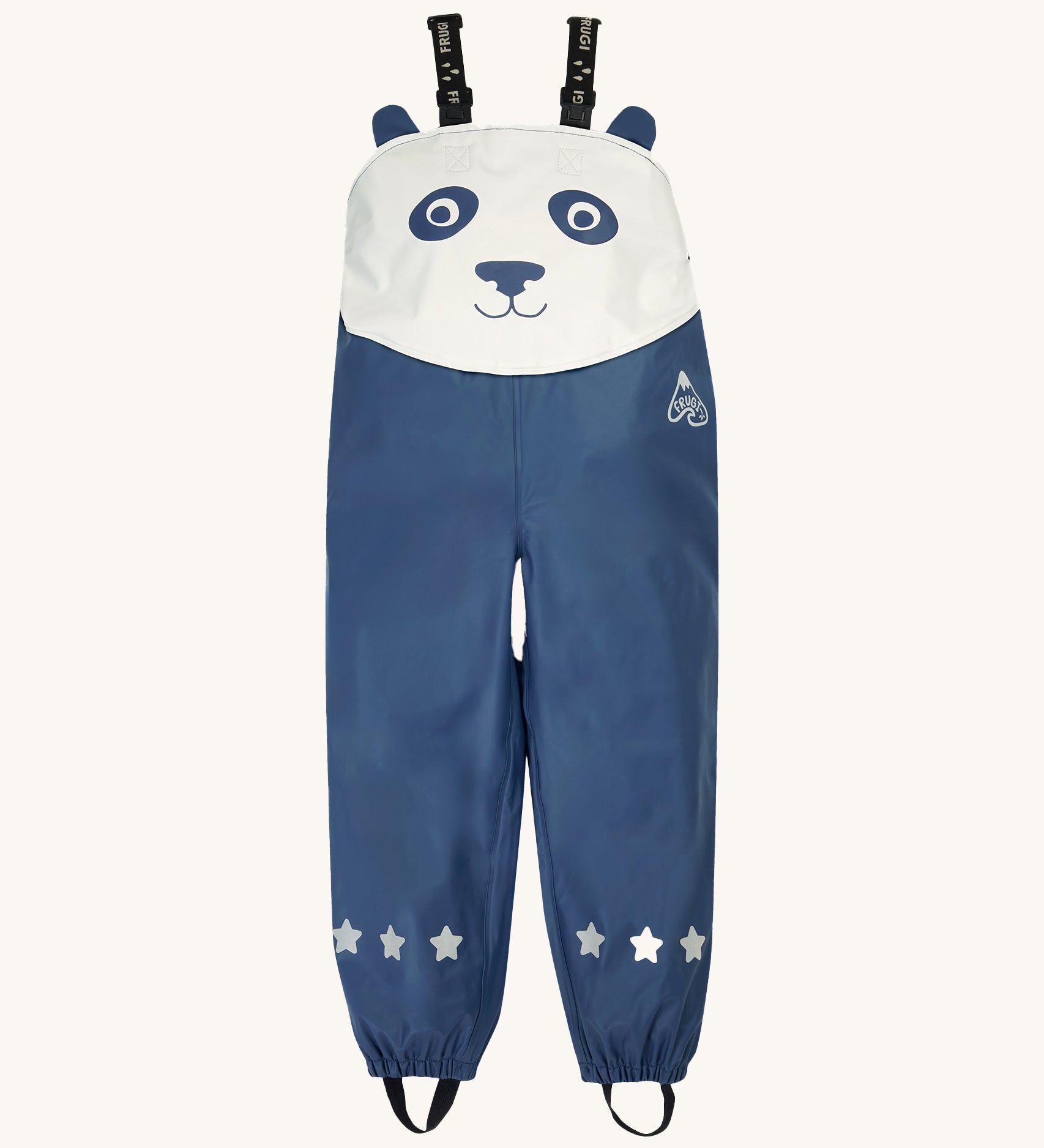 Frugi kids puddle buster trousers in navy with a panda character design on the top. Waterproof trousers with straps to go over the shoulder and a elastic band on the cuff for a secure fit. Features reflective stars on the bottom of each leg.