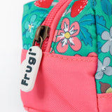 A close up of the Frugi wild woods pencil case. Showing the pink trim and zip detail