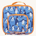 Frugi kids pack a lunch bag in penguin waddle. A blue lunch bag with multiple prints of penguins and orange trim. Features 2 compartments with zip fasteners and handy pink carry handle.