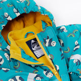 A close up of the Frugi kids panda play puddle buster coat showing the playful panda prints on light blue waterproof material. Features a full length zip, name tag patch and velcro fasteners for a secure fit.