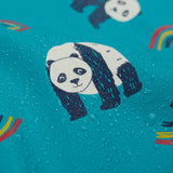 A close up of water on the Frugi puddle buster panda play coat showing the waterproof feature