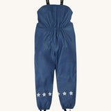 Frugi kids puddle buster trousers in navy / panda showing the back elastic detail for a snug fit. Features reflective stars on the bottom of each leg on navy waterproof material