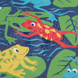 A close up of water on the Frugi puddle buster be hoppy coat showing the waterproof feature.