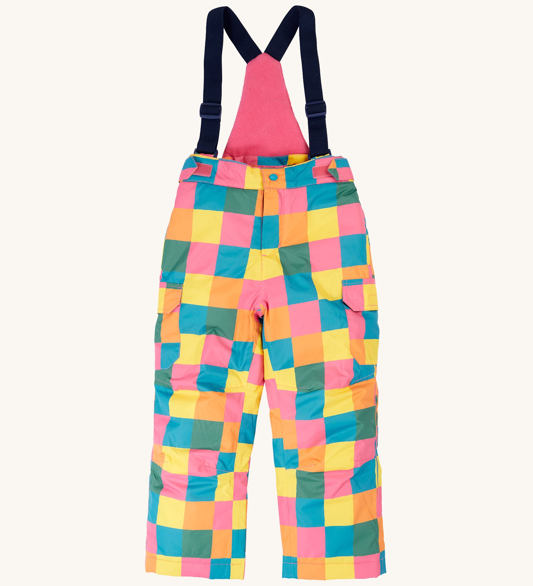 Frugi kids snow and ski salopettes in rainbow check. A recycled polyester waterproof salopettes with a bright check design. Features removable straps and bib.