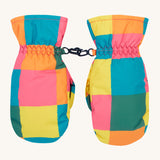 Frugi kids rainbow check snow mittens. A pair of recycled polyester winter mittens in a bright check design. features a black clip on each mitten to attach on a ski coat.
