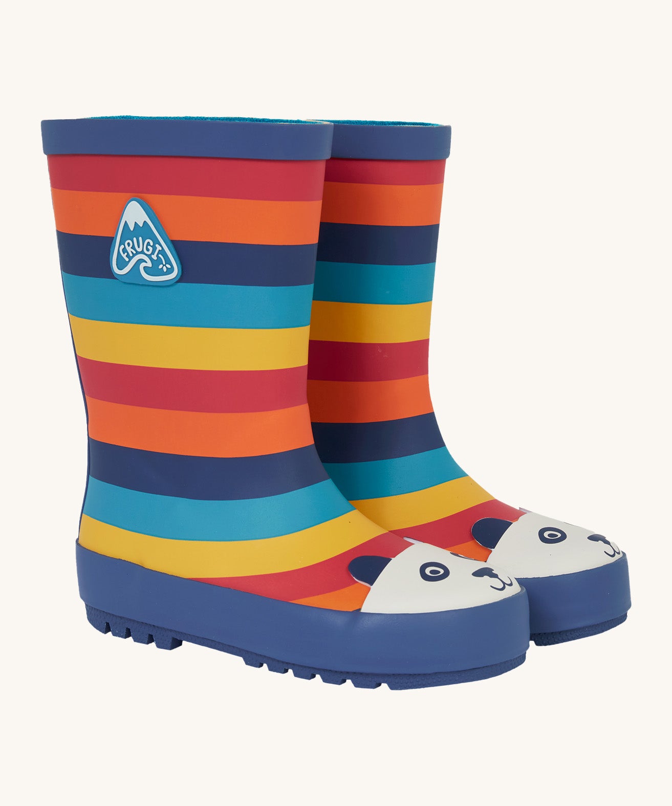 Frugi kids puddle buster wellington boots in rainbow panda design. A natural rubber, waterproof wellington with rainbow inspired stripes and navy trim. Features a playful print of a panda on the toe cap.