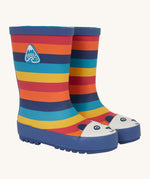 Frugi kids puddle buster wellington boots in rainbow panda design. A natural rubber, waterproof wellington with rainbow inspired stripes and navy trim. Features a playful print of a panda on the toe cap.