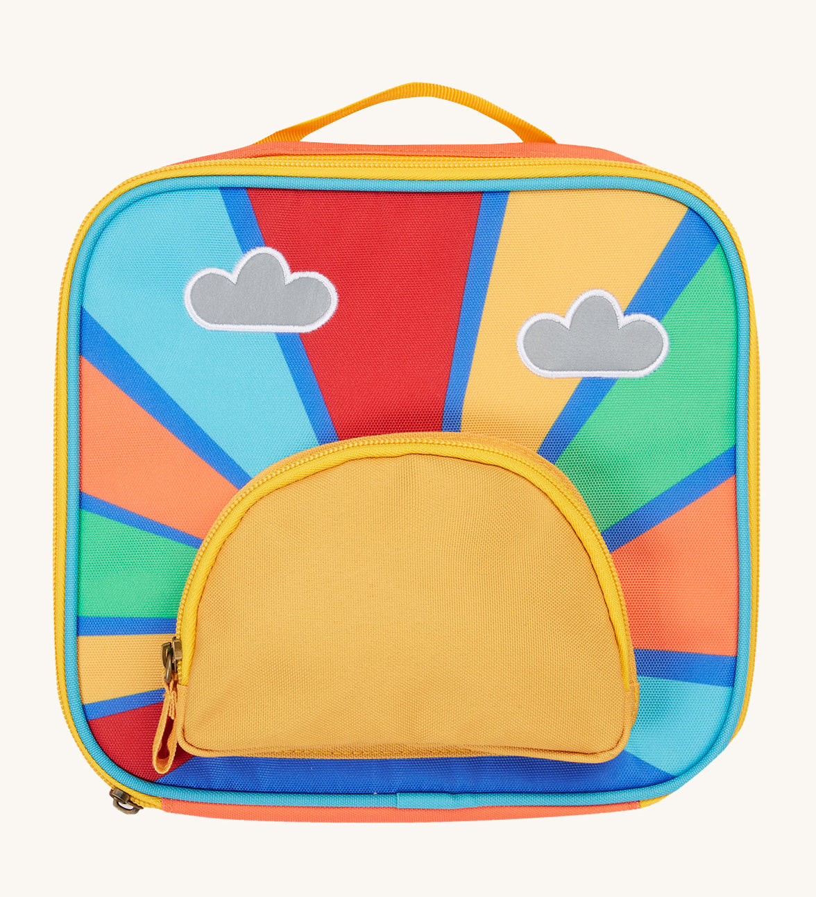 Frugi kids pack a lunch bag in rainbow sun. A back to school lunch bag with a rising sun and rainbow design . Features 2 compartments with zip fasteners and handy pink carry loop.
