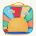 Frugi kids pack a lunch bag in rainbow sun. A back to school lunch bag with a rising sun and rainbow design . Features 2 compartments with zip fasteners and handy pink carry loop.