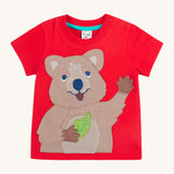 Frugi kids strawberry quokka tshirt - GOTS organic cotton tshirt in with shoulder popper fasteners for easy fitting featuring a quokka appliqué holding a leaf on the front.