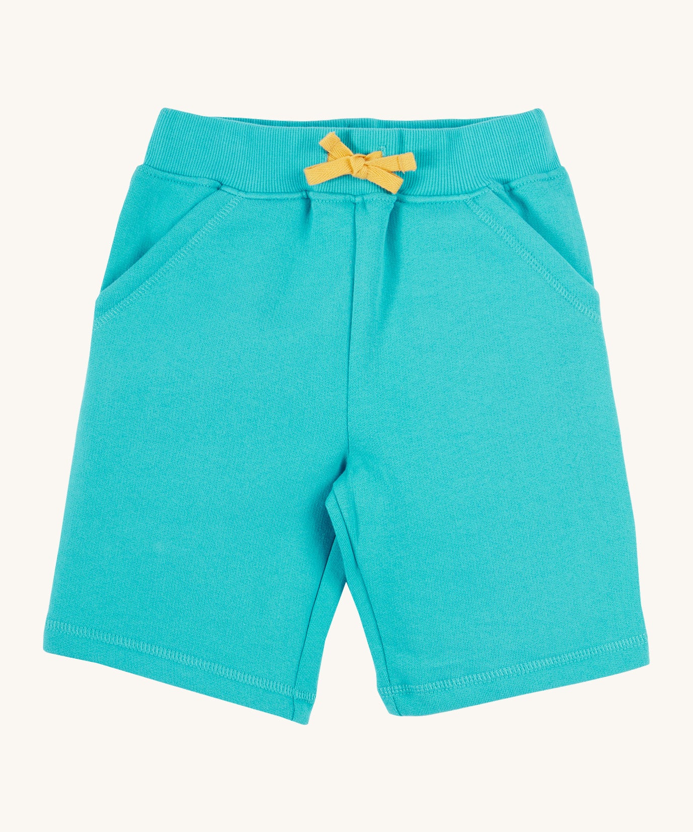 Frugi kids sea moss Samson shorts - GOTS organic cotton Frugi kids shorts in turquoise with a yellow waist drawstring