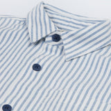 Frugi kids shacket, shirt with blue and white stripes and rainbow design worn collar detail