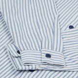 Frugi kids shacket, shirt with blue and white stripes and rainbow design cuff detail