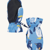 The back of the Frugi kids penguin waddle snow mittens. Showing the grippy palm detail on recycled polyester fabric.