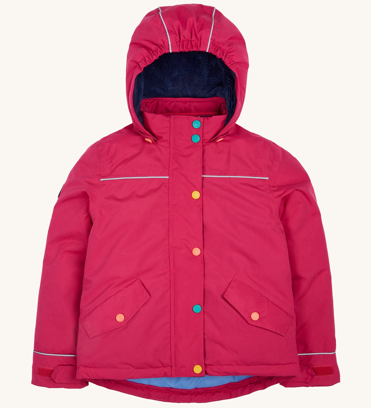 Frugi kids 3 in 1 rambler coat in snapdragon /navy colourway. A waterproof coat from post consumer recycled polyester. Features a removable hood and 2 side pockets with different colour poppers