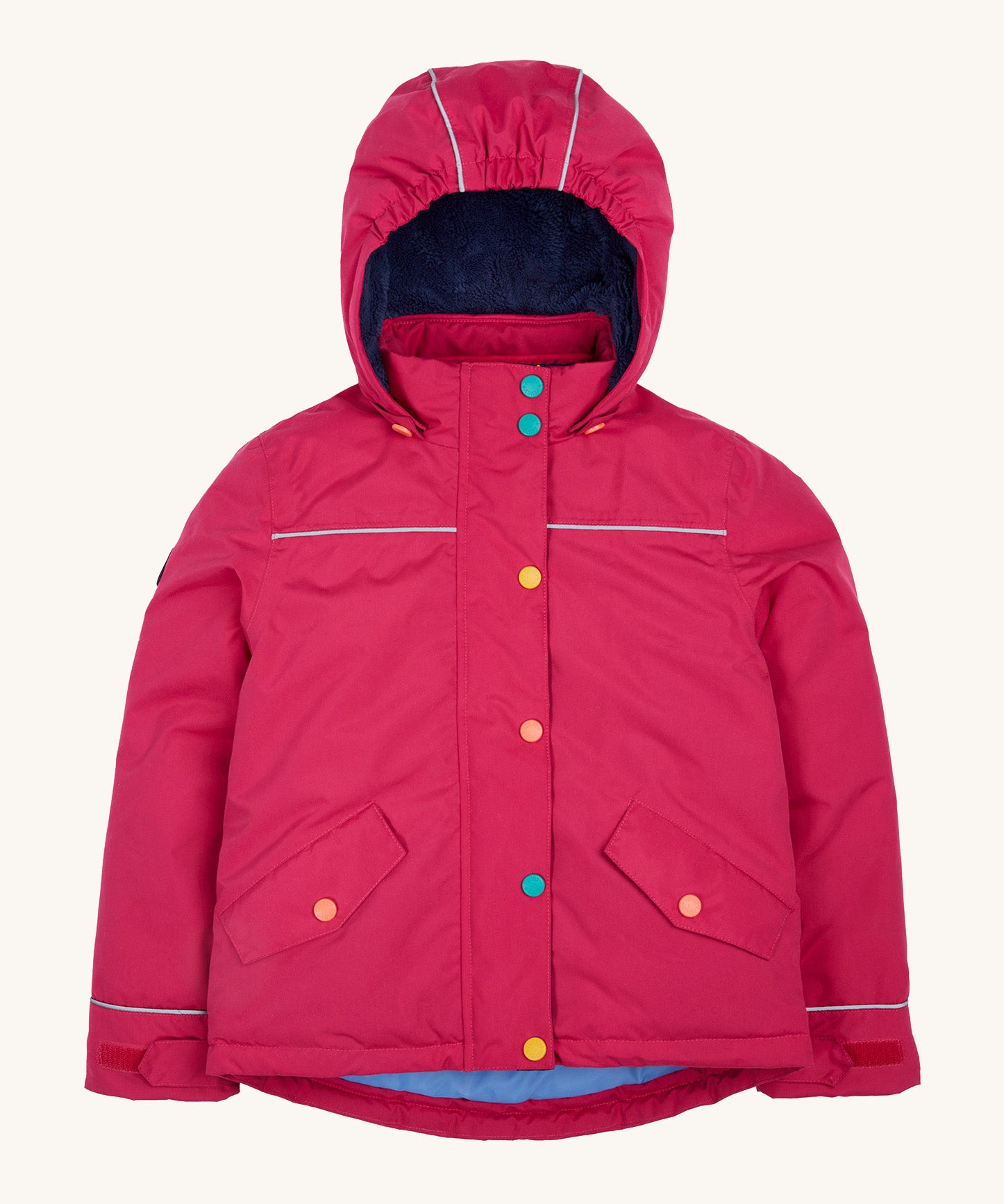 Frugi kids 3 in 1 rambler coat in snapdragon /navy colourway. A waterproof coat from post consumer recycled polyester. Features a removable hood and 2 side pockets with different colour poppers