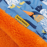 A close up of the Frugi kids snow and ski coat in penguin waddle showing the hidden pocket on the inside and orange fleece detail