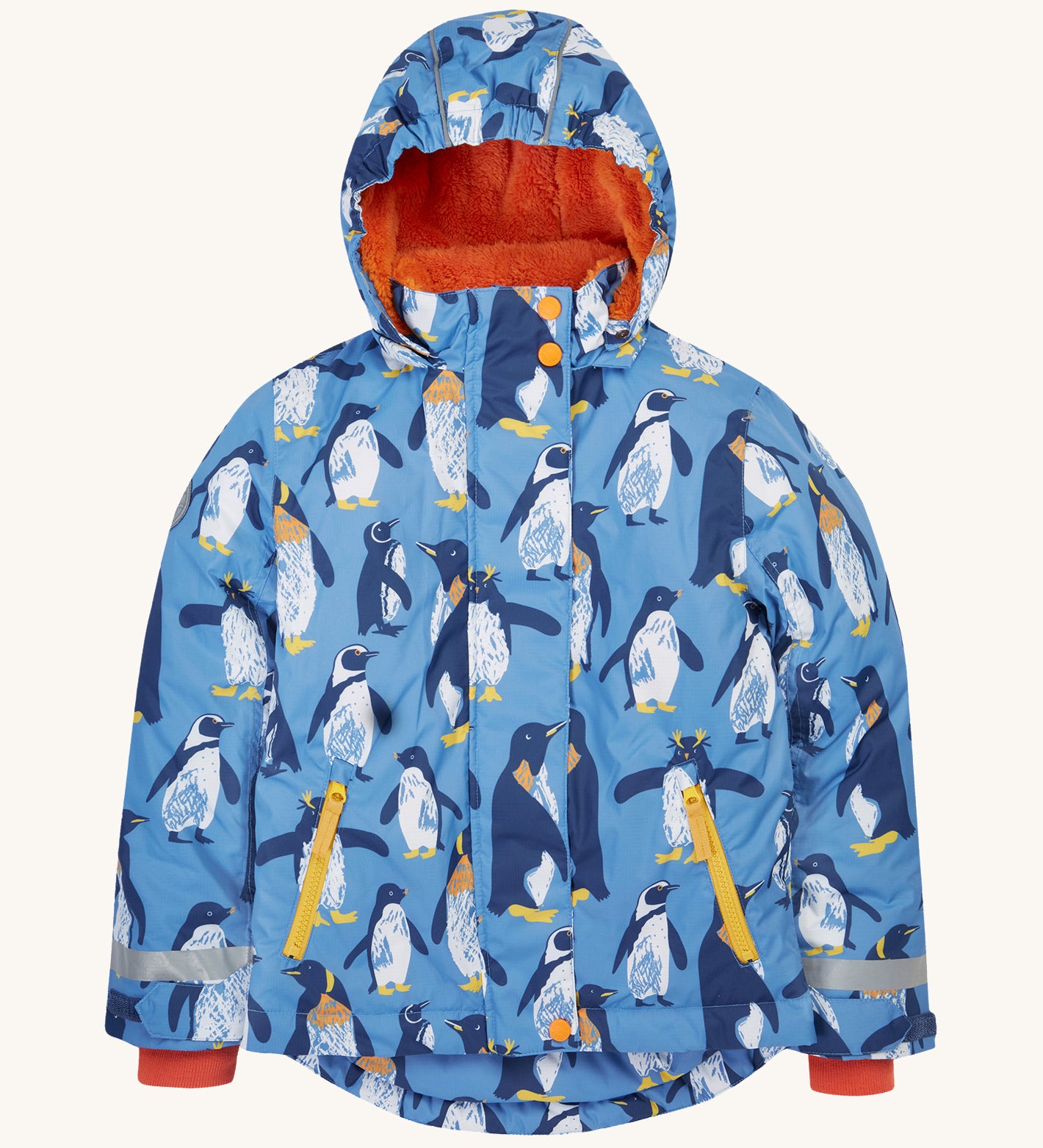 Frugi kids snow and ski coat in penguin waddle. A light blue thick recycled polyester coat with a padded orange inner. Features a hood, 2 side pockets, extendable arm cuffs with reflective strips