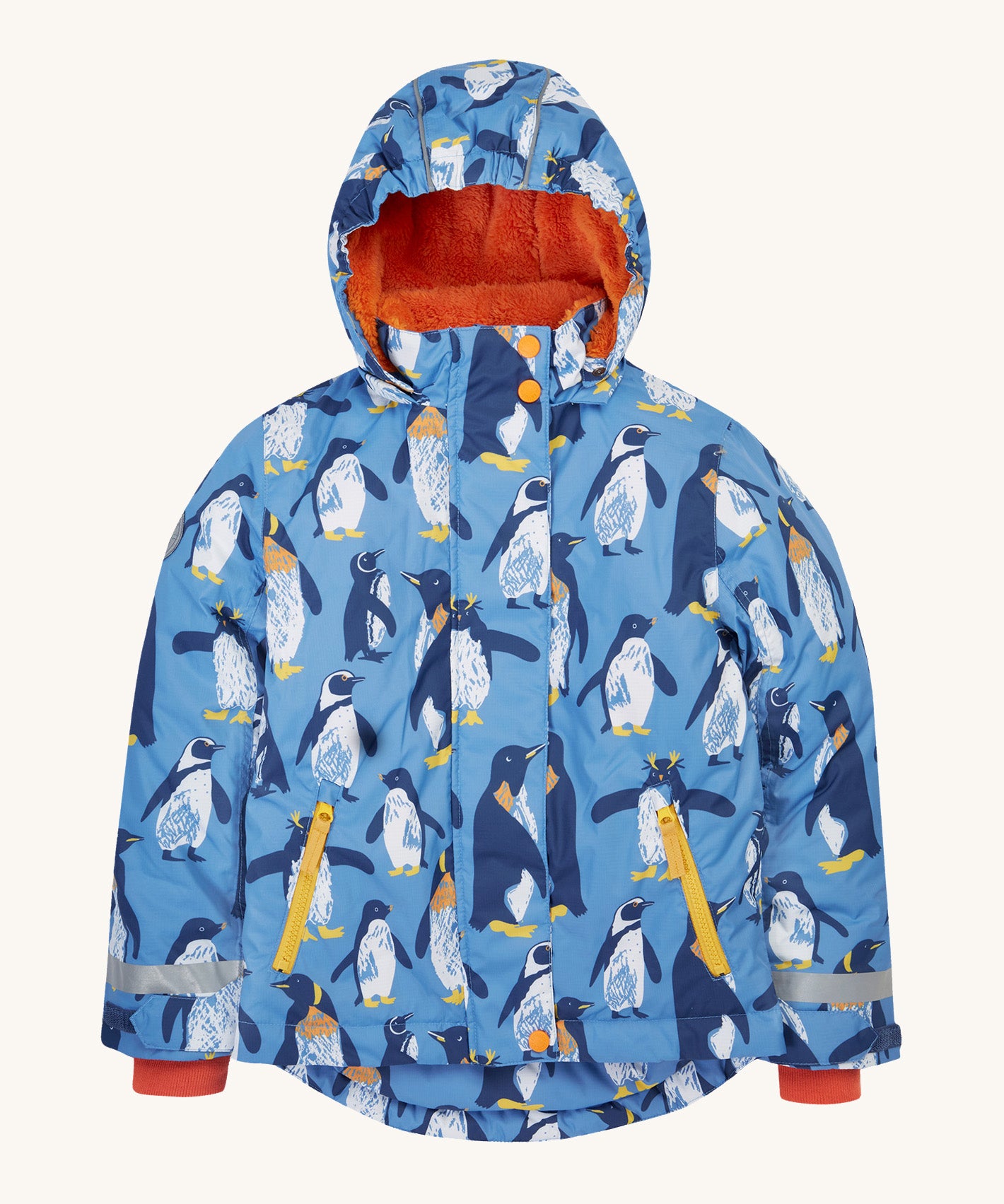 Frugi kids snow and ski coat in penguin waddle. A light blue thick recycled polyester coat with a padded orange inner. Features a hood, 2 side pockets, extendable arm cuffs with reflective strips