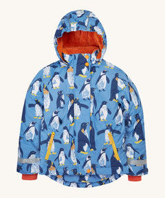 Frugi kids snow and ski coat in penguin waddle. A light blue thick recycled polyester coat with a padded orange inner. Features a hood, 2 side pockets, extendable arm cuffs with reflective strips