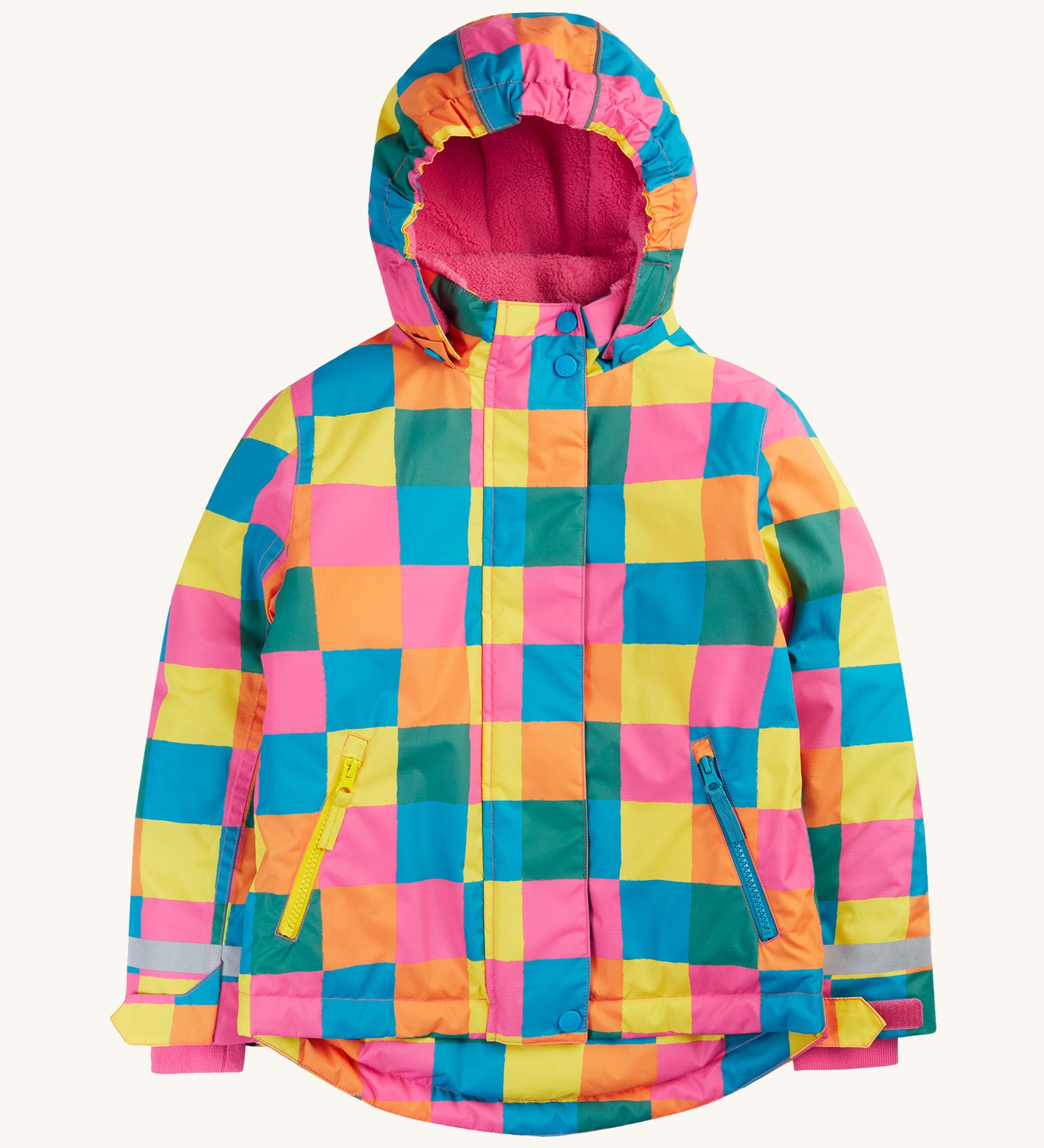 Frugi kids snow and ski coat in rainbow check. A thick recycled polyester coat with a padded pink fleece inner. Features a hood, 2 side pockets and extendable arm cuffs with reflective strips.