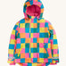 Frugi kids snow and ski coat in rainbow check. A thick recycled polyester coat with a padded pink fleece inner. Features a hood, 2 side pockets and extendable arm cuffs with reflective strips.