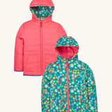 Frugi kids toasty trail reversible jacket in wild woods and tulip colour way. A post consumer recycled polyester jacket with a playful woodland inspired design and a light pink colour side. Features a hood, 2 side pocket and a pink full length zip.
