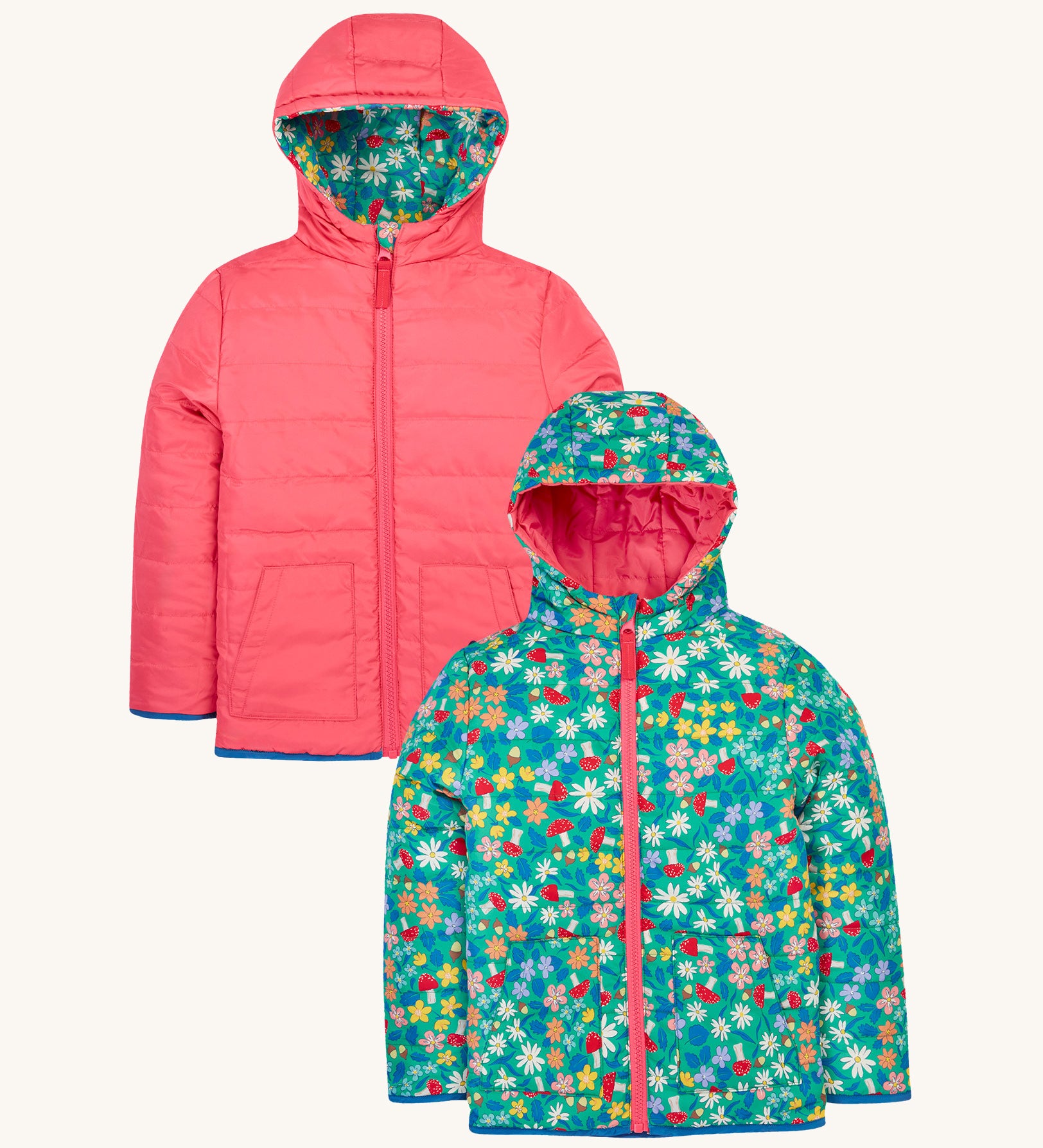 Frugi kids toasty trail reversible jacket in wild woods and tulip colour way. A post consumer recycled polyester jacket with a playful woodland inspired design and a light pink colour side. Features a hood, 2 side pocket and a pink full length zip.