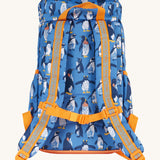 The back of the Frugi kids trail blazing backpack in penguin waddle showing the shoulder strap detail with orange trim. Features a handy loop for easy carrying and chest buckle for a secure fit