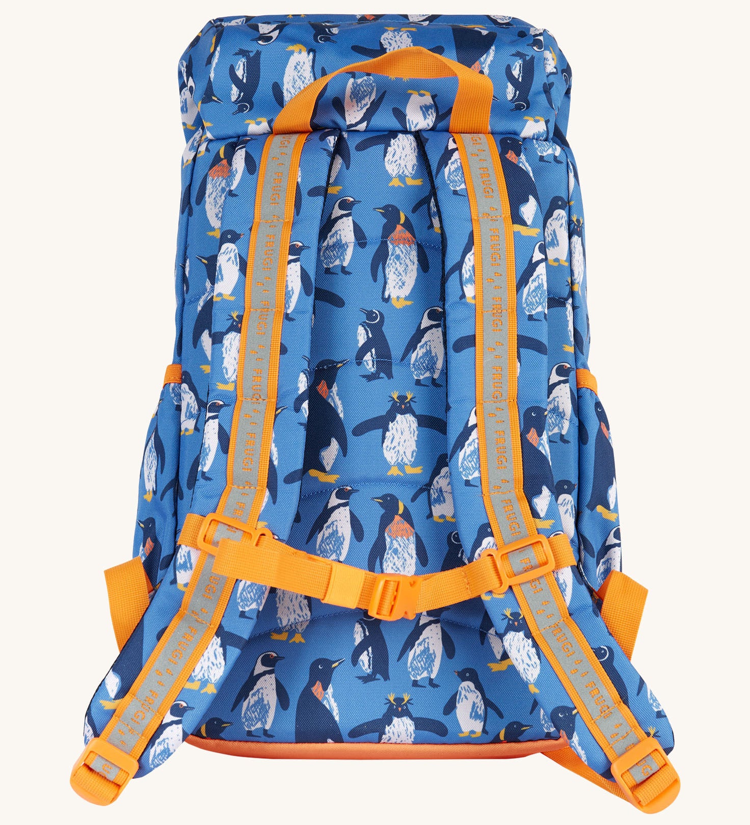 The back of the Frugi kids trail blazing backpack in penguin waddle showing the shoulder strap detail with orange trim. Features a handy loop for easy carrying and chest buckle for a secure fit