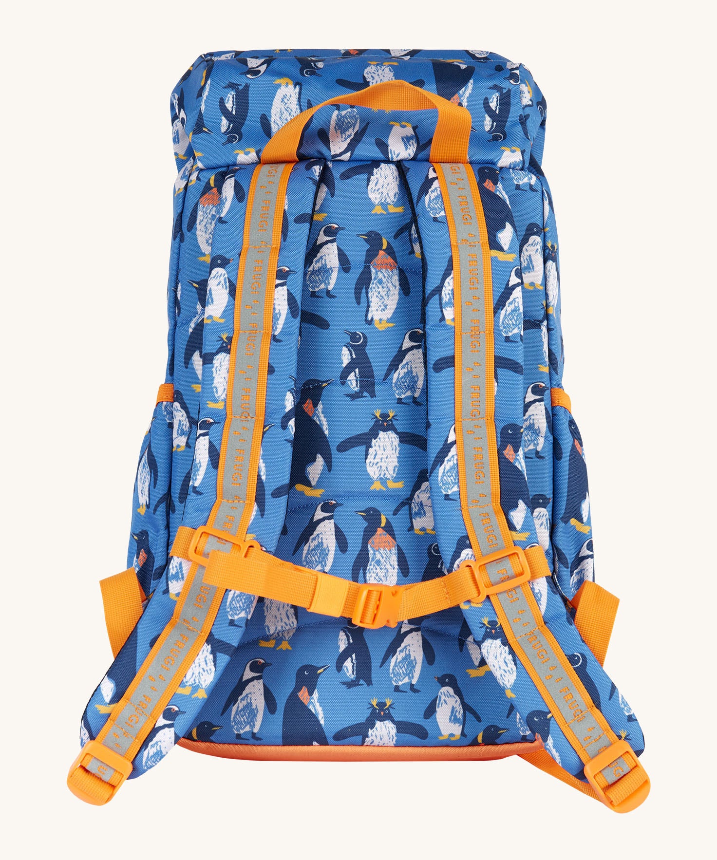 The back of the Frugi kids trail blazing backpack in penguin waddle showing the shoulder strap detail with orange trim. Features a handy loop for easy carrying and chest buckle for a secure fit