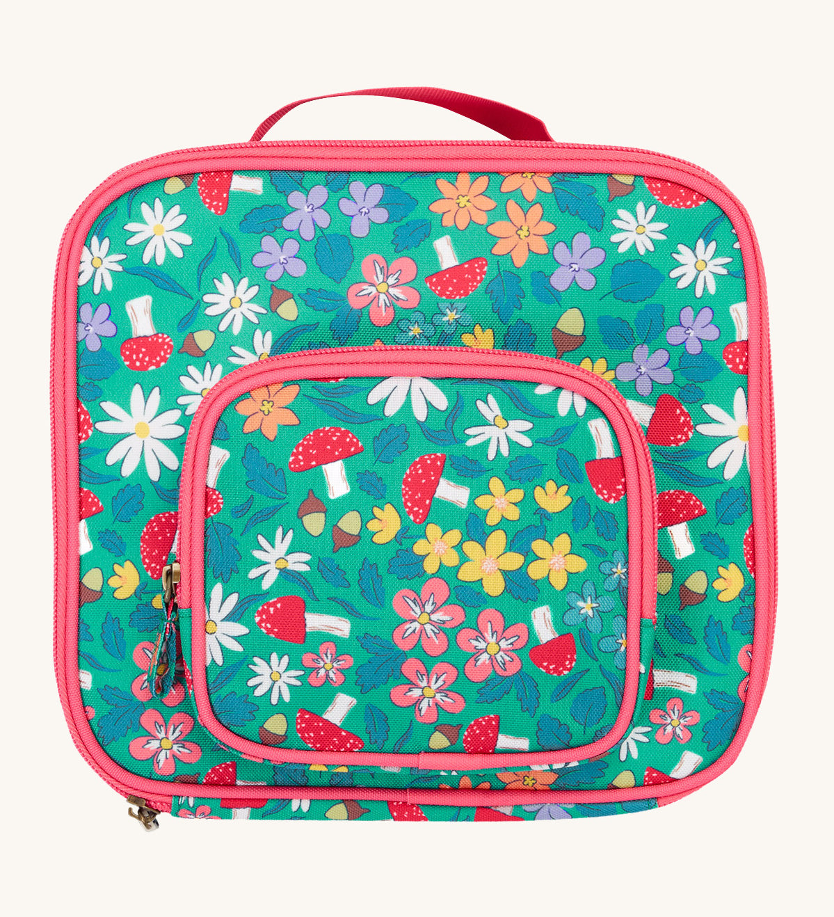 Frugi kids pack a lunch bag in wild woods. A light green lunch bag with various woodland inspired prints and pink trim. Features 2 compartments with zip fasteners and handy pink carry handle.