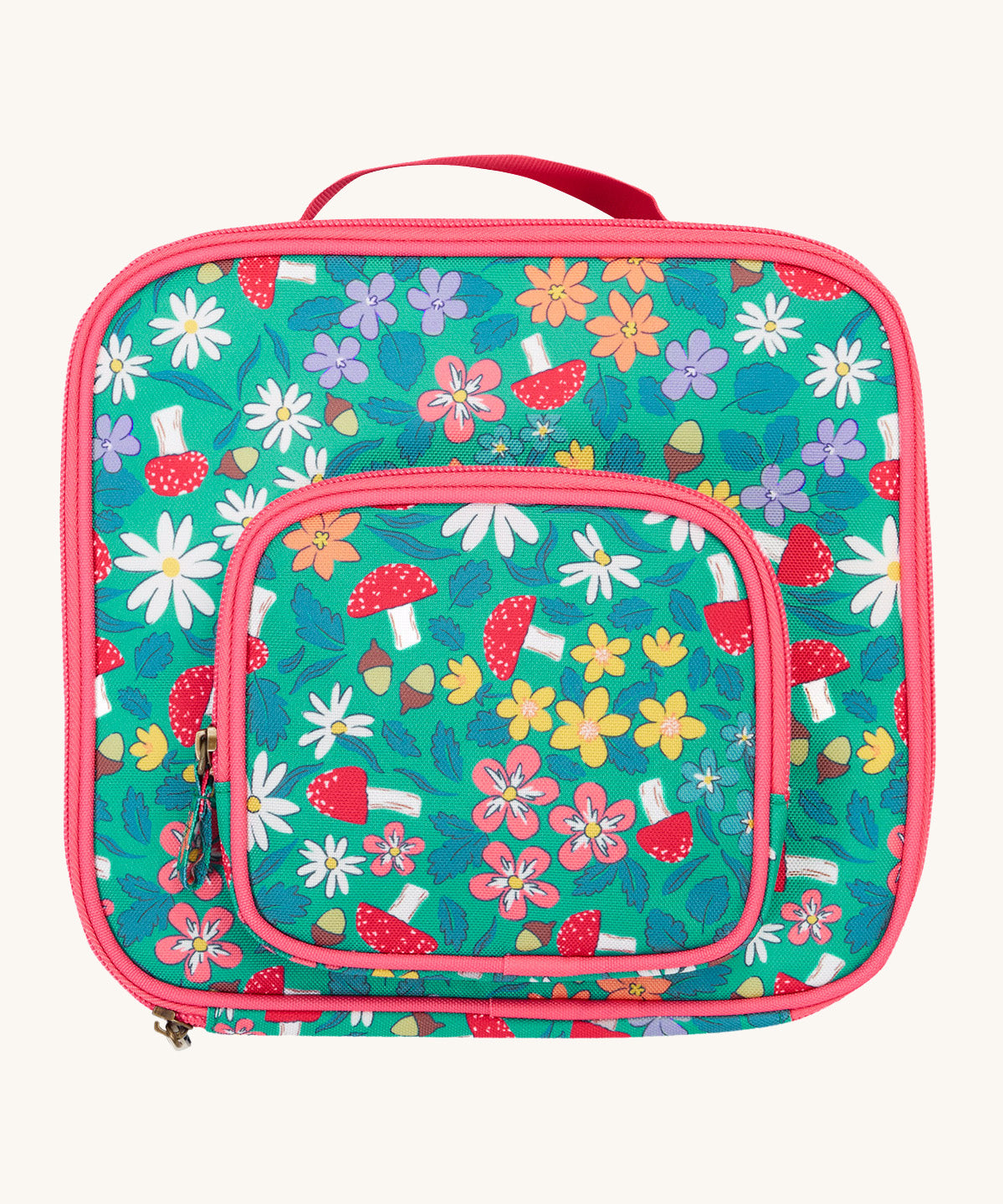 Frugi kids pack a lunch bag in wild woods. A light green lunch bag with various woodland inspired prints and pink trim. Features 2 compartments with zip fasteners and handy pink carry handle.