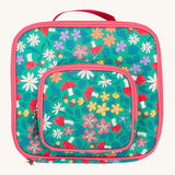 Frugi kids pack a lunch bag in wild woods. A light green lunch bag with various woodland inspired prints and pink trim. Features 2 compartments with zip fasteners and handy pink carry handle.
