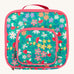 Frugi kids pack a lunch bag in wild woods. A light green lunch bag with various woodland inspired prints and pink trim. Features 2 compartments with zip fasteners and handy pink carry handle.