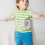 and coordinating blue shorts.