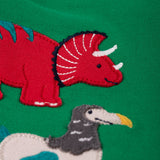 Close up of the red triceratops dino Frugi Little Creature Ribbit Green Dinos Applique Top