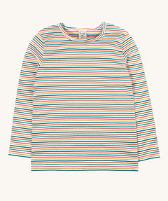 Frugi Lucia Multi Stripe Long Sleeved Organic Cotton Top. A multi-coloured, white, blue, yellow, pink and green thin striped design made with organic cotton.