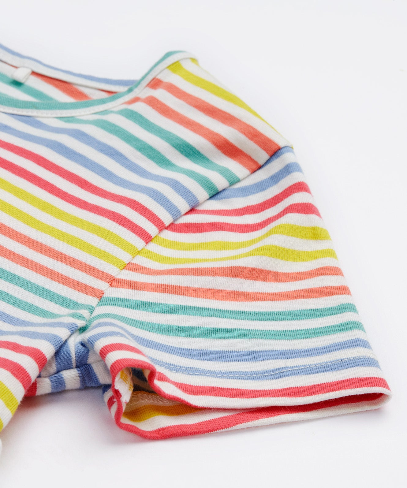Close up of the Frugi kids Lucy dress cornflower rainbow stripe - showing the pastel stripe design and short sleeve detail on organic cotton fabric
