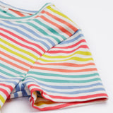 Close up of the Frugi kids Lucy dress cornflower rainbow stripe - showing the pastel stripe design and short sleeve detail on organic cotton fabric