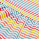 Close up of the Frugi kids Lucy dress cornflower rainbow stripe - showing the stitching detail separating the top half and bottom half of the dress on pastel stripe organic cotton fabric