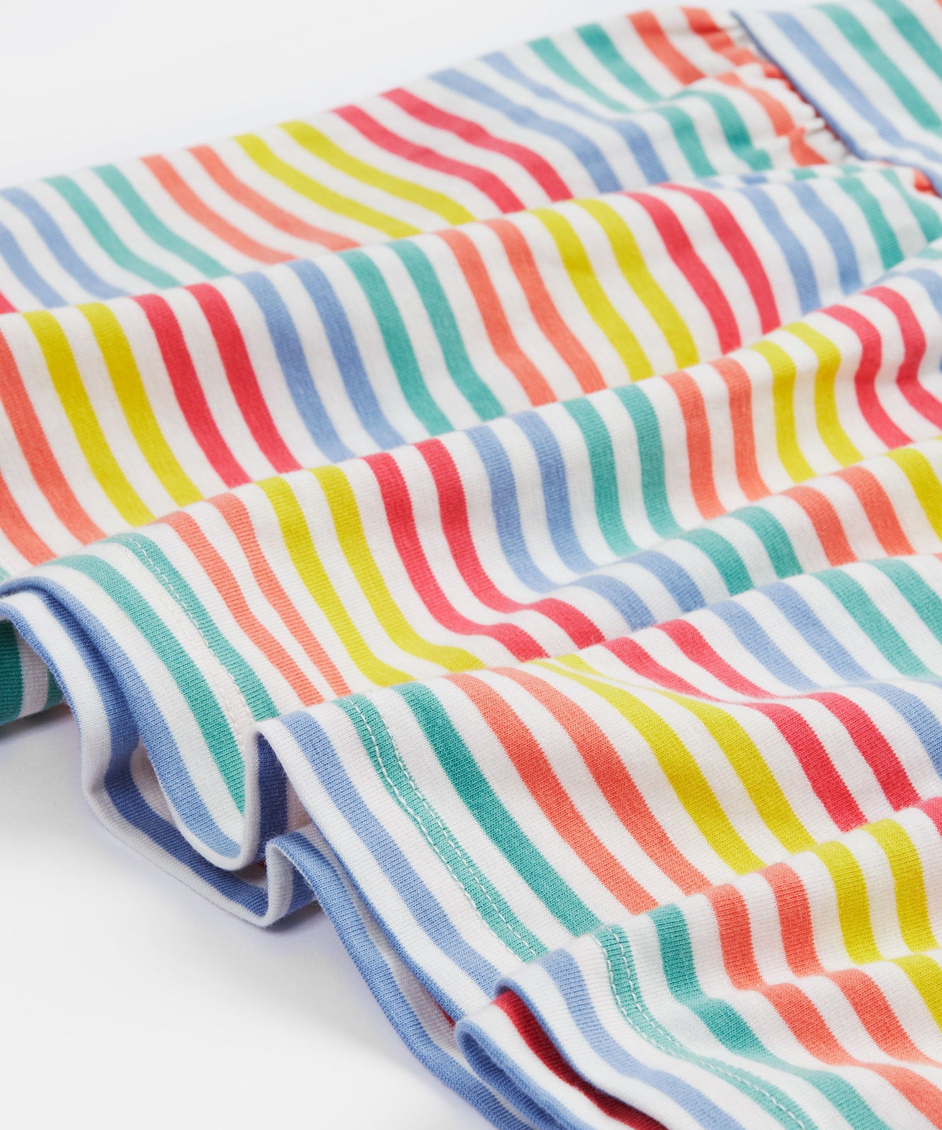 Close up of the Frugi kids Lucy dress cornflower rainbow stripe - showing the gentle frill detail on pastel stripe organic cotton fabric