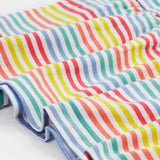 Close up of the Frugi kids Lucy dress cornflower rainbow stripe - showing the gentle frill detail on pastel stripe organic cotton fabric