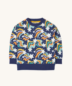 Frugi child's Organic Cotton Mawnan Jumper with a Magic Skies print. A navy background with white stars and rainbow swirls all over. This jumper is a part of a wide range of organic cotton clothing for children available here at Babipur.