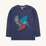 Frugi navy kingfisher Organic Cotton Embroidered long sleeve children's Top. This top is a part of a wide range of organic cotton clothing for children available here at Babipur.