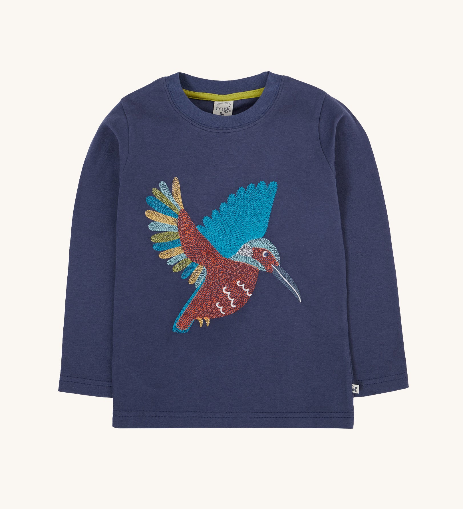 Frugi navy kingfisher Organic Cotton Embroidered long sleeve children's Top. This top is a part of a wide range of organic cotton clothing for children available here at Babipur.