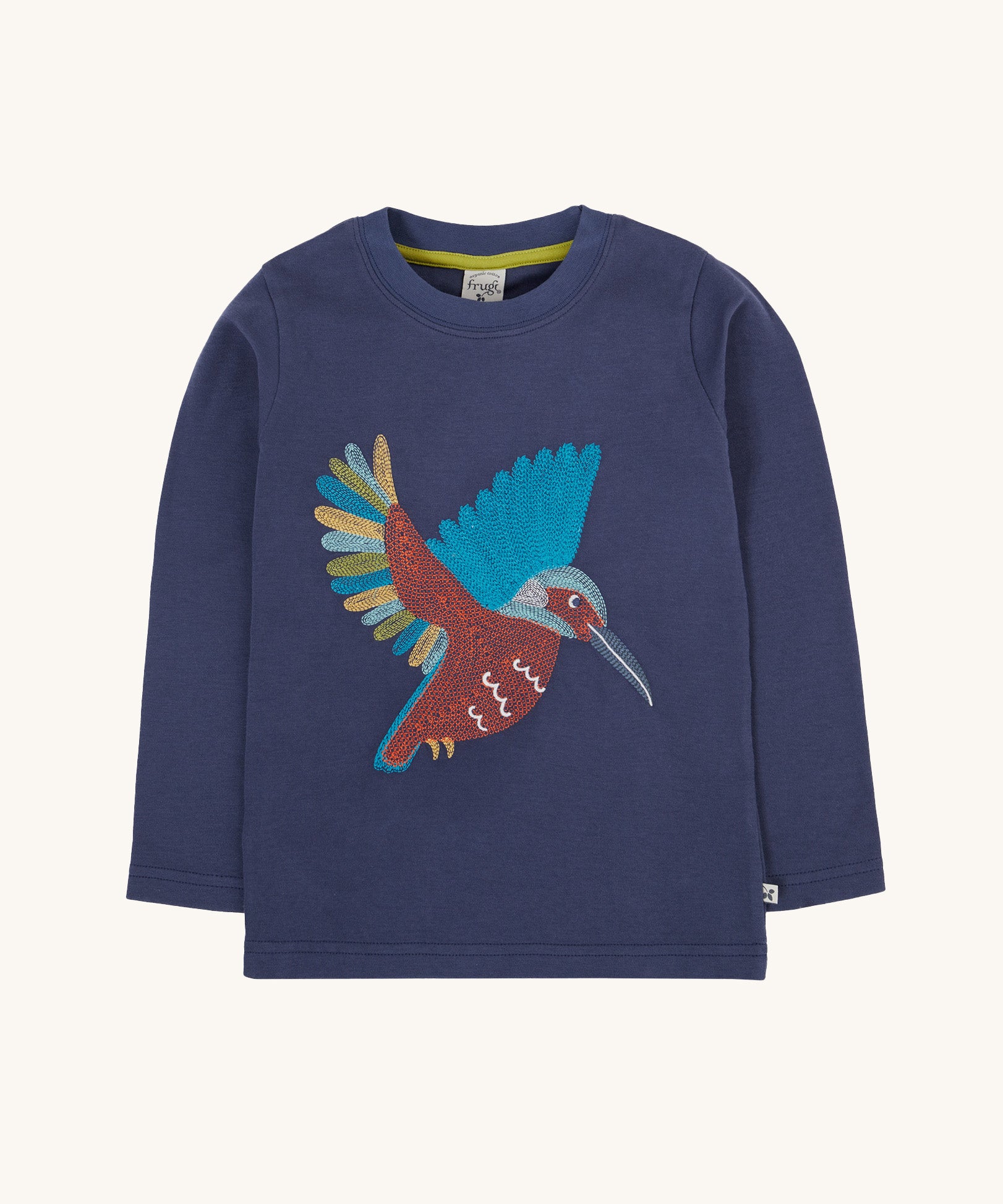 Frugi navy kingfisher Organic Cotton Embroidered long sleeve children's Top. This top is a part of a wide range of organic cotton clothing for children available here at Babipur.