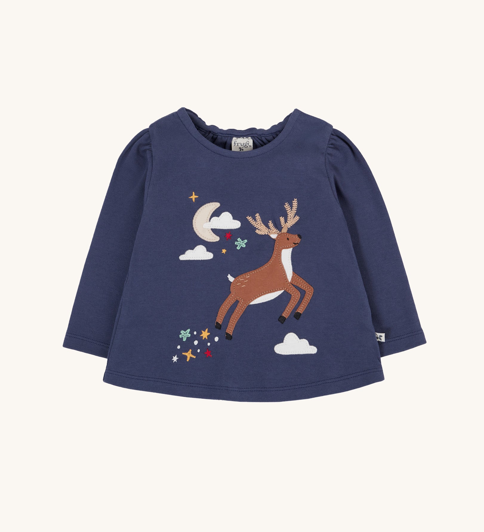 Frugi Navy Organic Cotton Caris Reindeer Applique Top. This top is a part of a wide range of organic cotton clothing for children available here at Babipur.