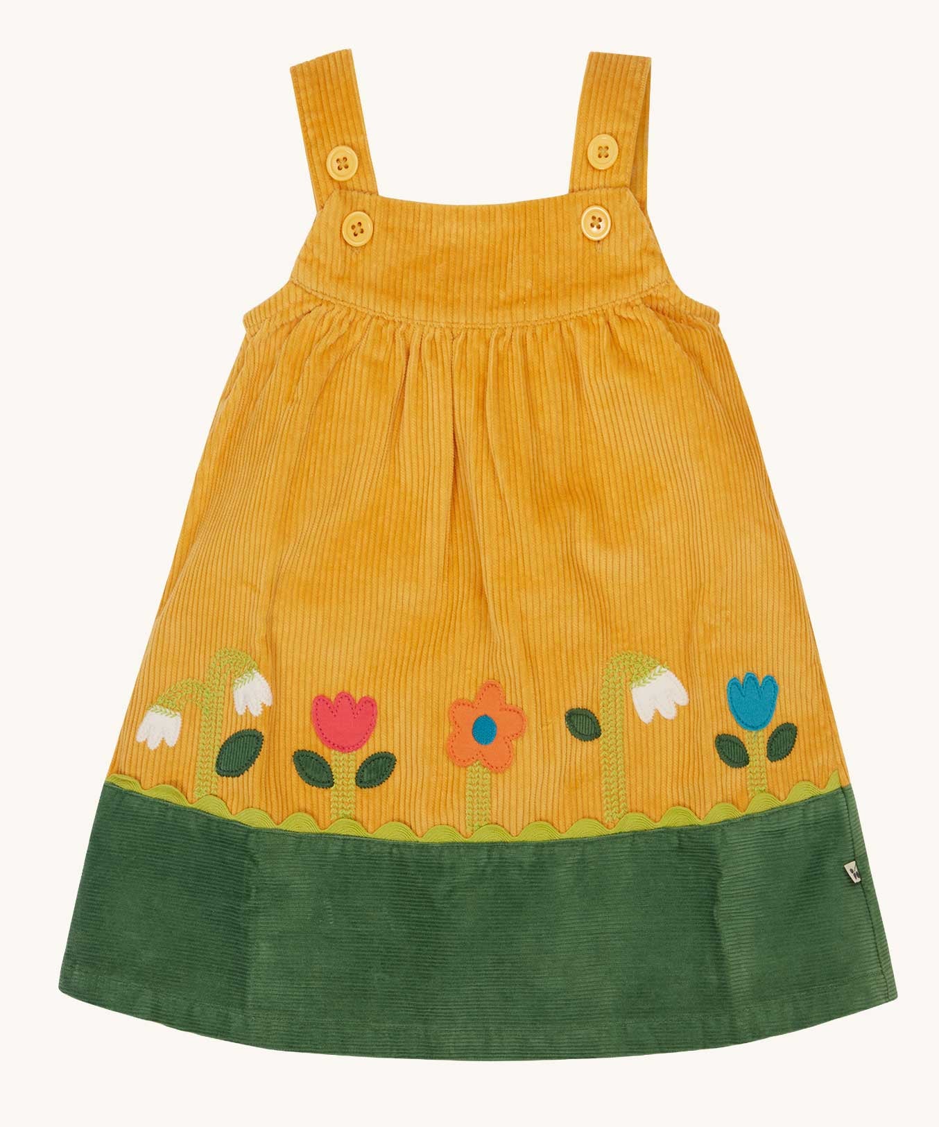 Frugi Nellie Organic Cotton yellow gold Corduroy Pinafore Dress with Flowers. This dress is a part of a wide range of organic cotton clothing for children available here at Babipur.