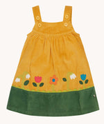 Frugi Nellie Organic Cotton yellow gold Corduroy Pinafore Dress with Flowers. This dress is a part of a wide range of organic cotton clothing for children available here at Babipur.
